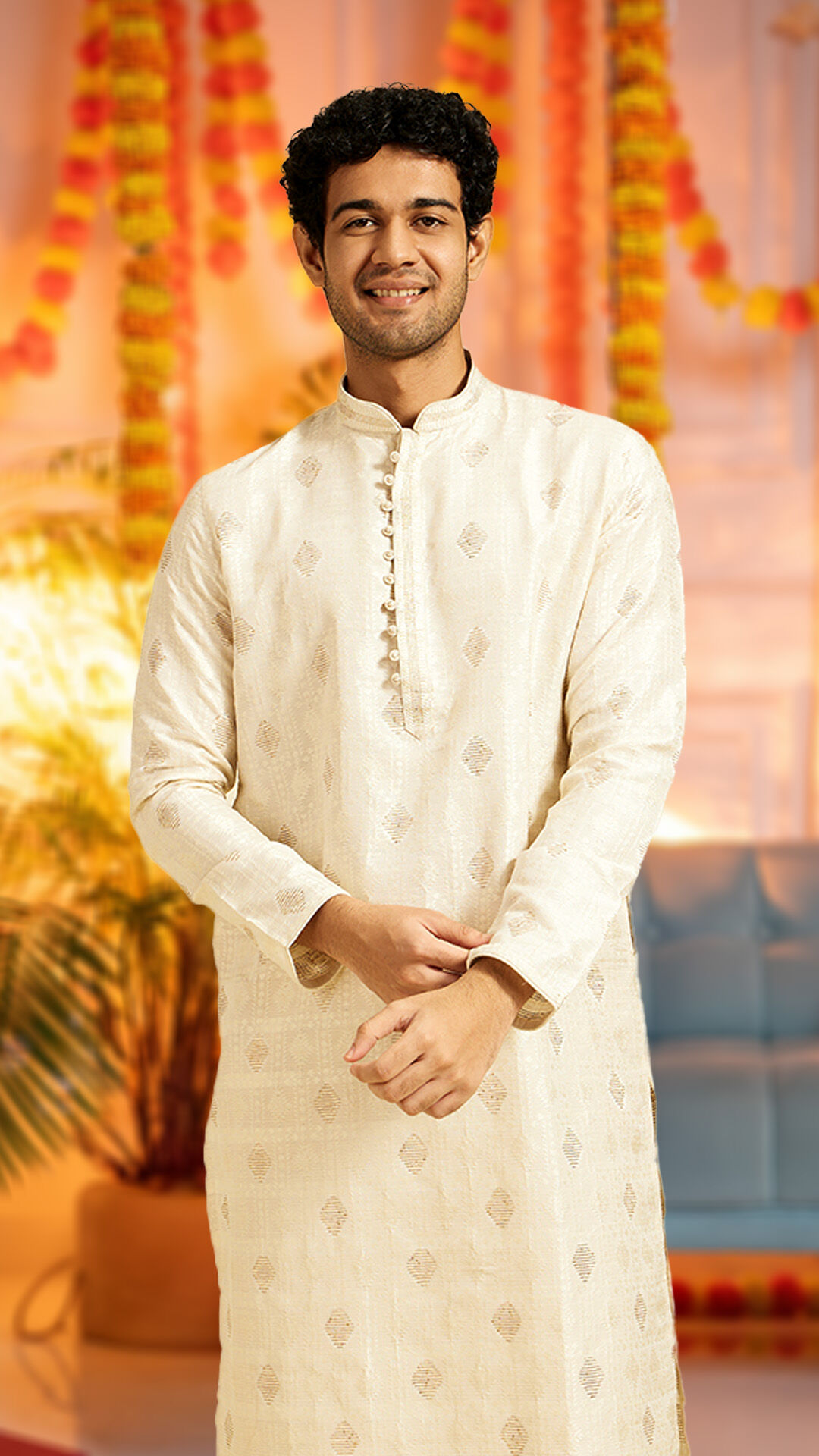 a man wearing white kurta Festive wear for Pongal